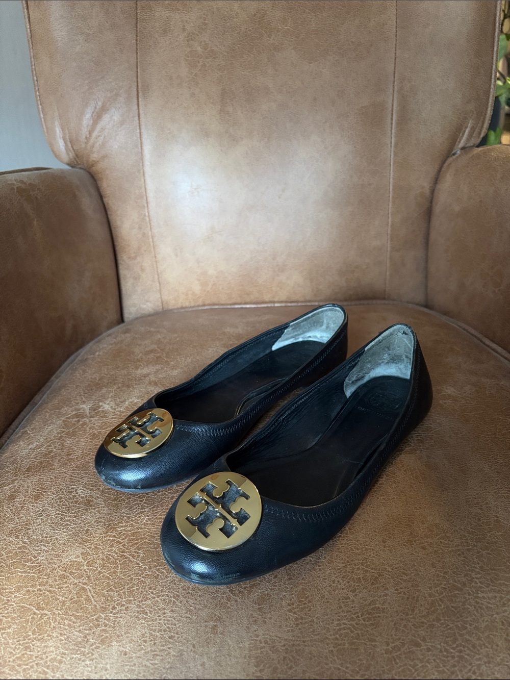 Tory Burch Black Leather Flats with Gold Logo Discs